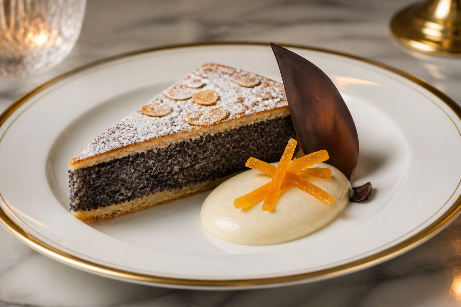 Poppy seed torte with vanilla cream and candied orange