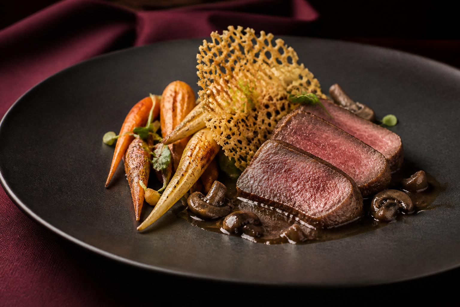 Roasted venison loin with forest mushroom jus