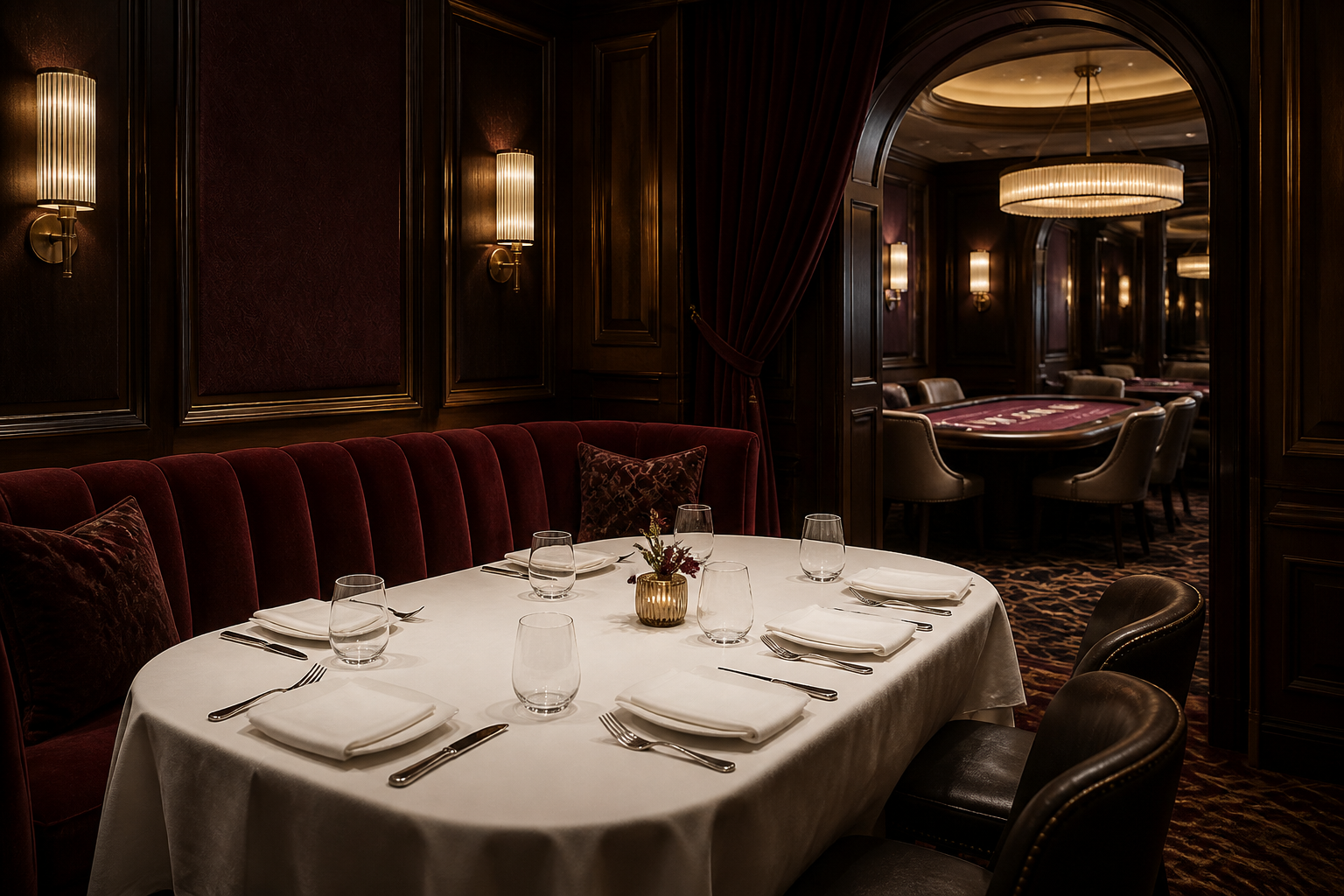 Private dining alcove opening toward a table game salon