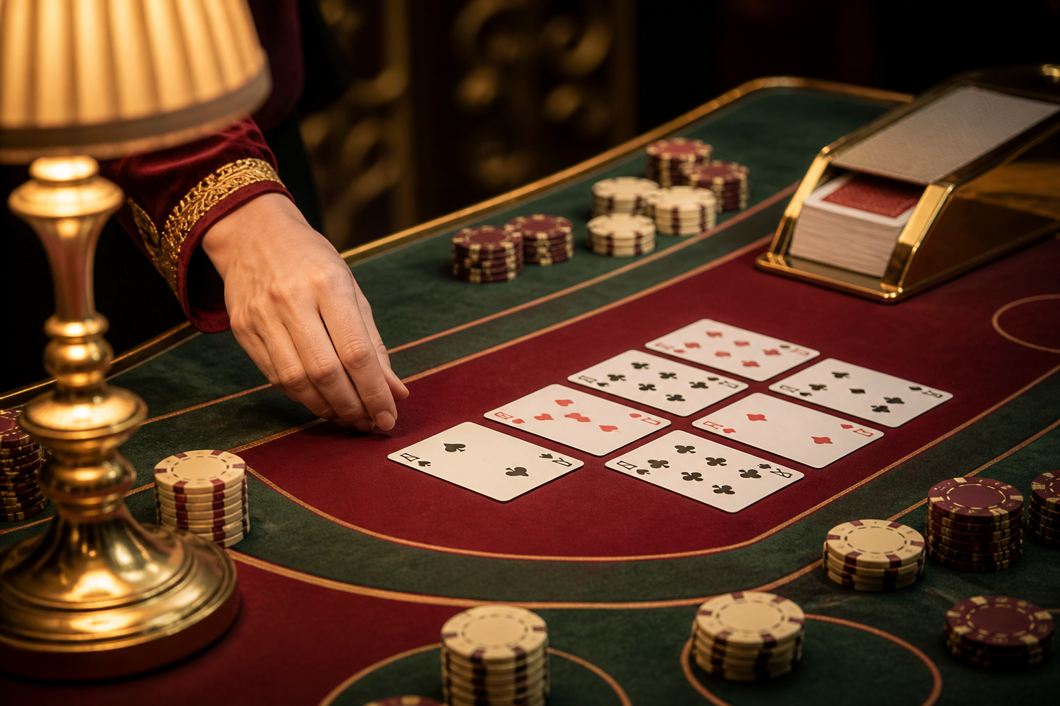 Close view of cards and chips on a table game